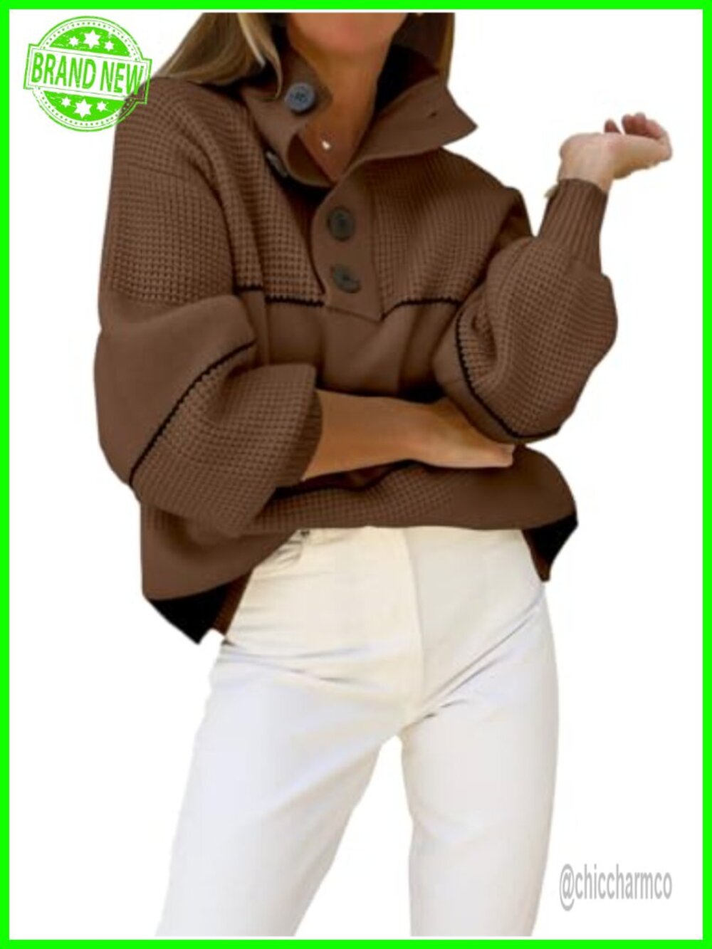 Womens Oversized Waffle Knit Sweater Slouchy Drop Shoulder Long Lantern Sleeve